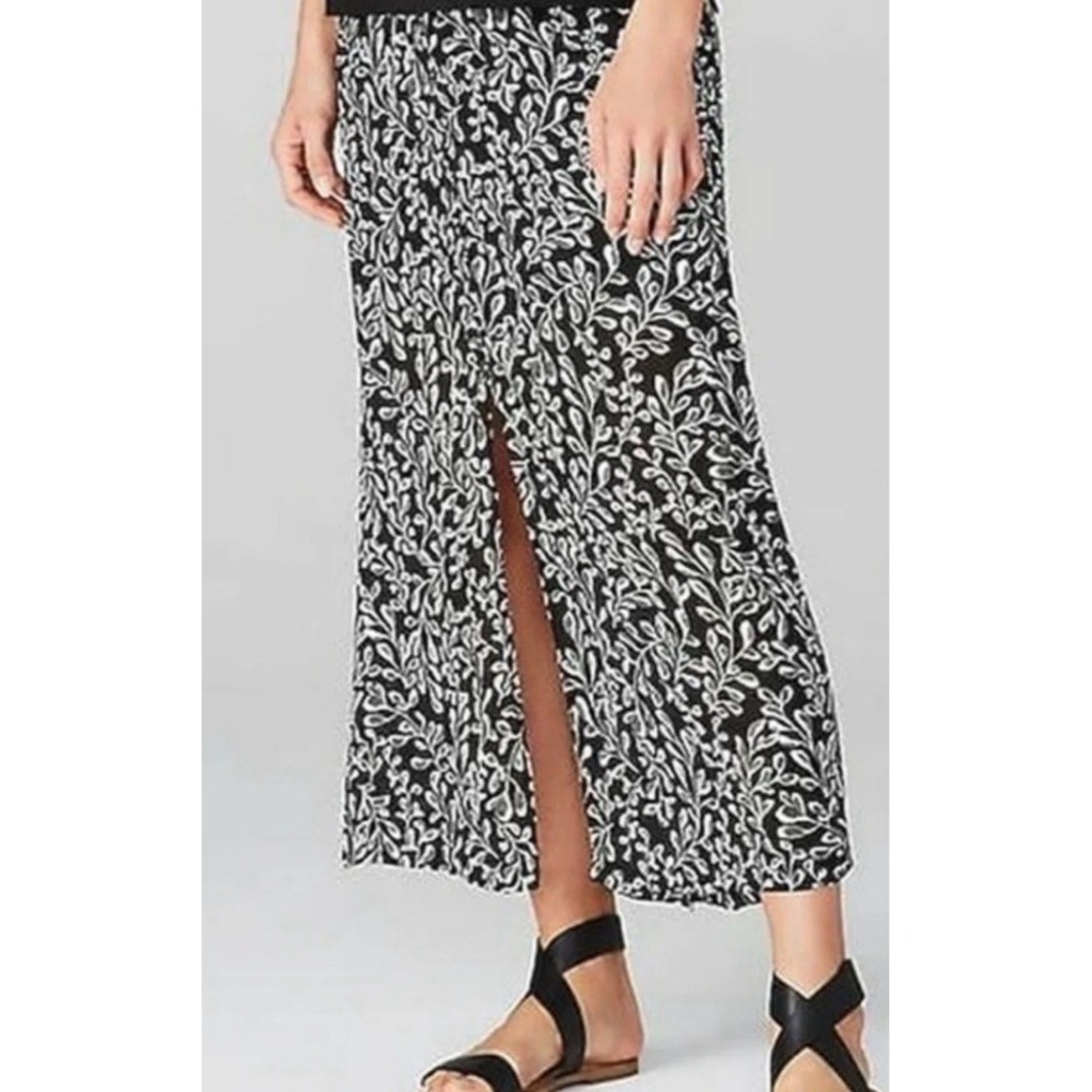 J. Jill Long Skirt Maxi -Sketched Ferns Faux Button Front Slit Black White Large